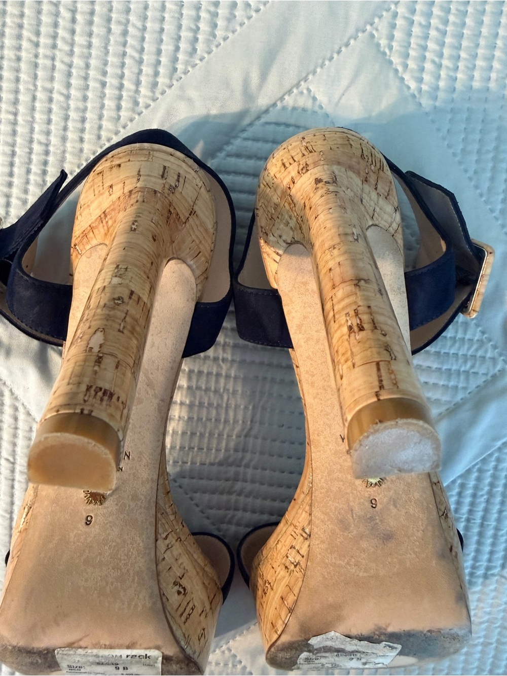 Stuart Weitzman Alesha Navy Suede Strap Cork Platform Sandals Size 9 Nearly New - Picture 10 of 13